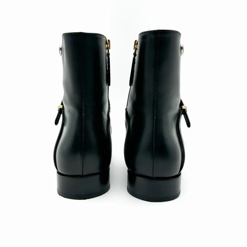 GUCCI Elite GG Ankle Boots Size 38.5 US 8.5 Black Leather Harness Low Heel Calf